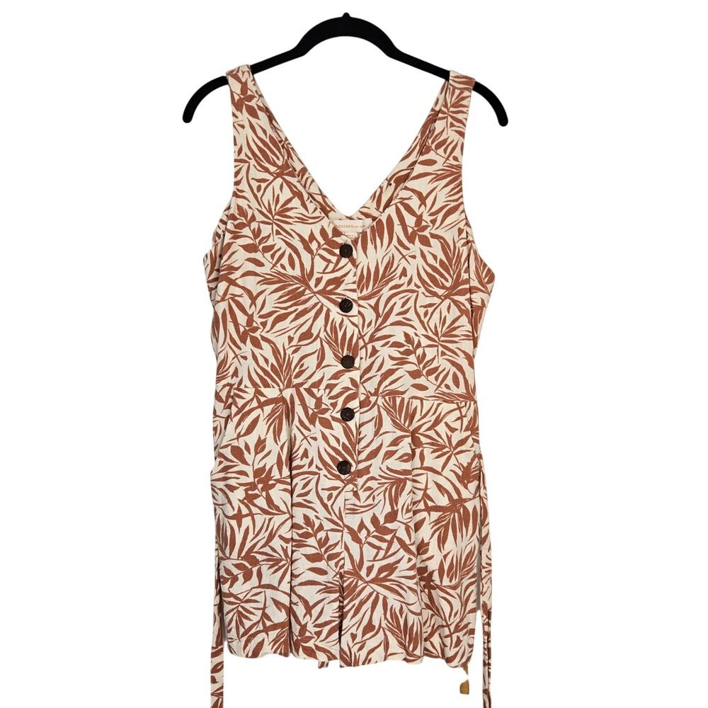 Monteau Rust Cream Tropical Leaf Linen Blend Romper Belted V‑Neck Size M